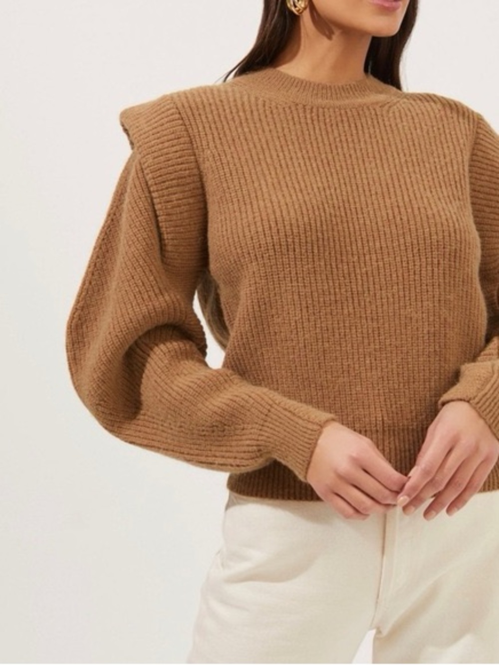Astr Ribbed Shoulder-Detail Crewneck Sweater - Camel Brown